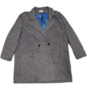 Vintage Diana Marco Black White Textured Wool Blend Long Coat Blue Lining XL